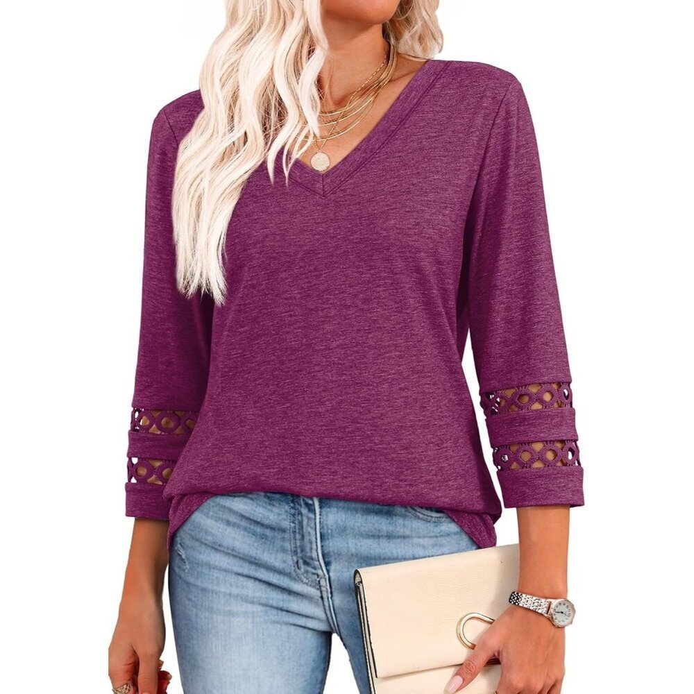 Womens Purple Dressy Casual Blouses Trendy V Neck T Shirts Summer Tops